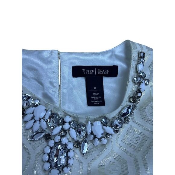 White House Black Market 00 Ivory Jacquard Cocktail Dress Embellished Sleeveless - Picture 3 of 8